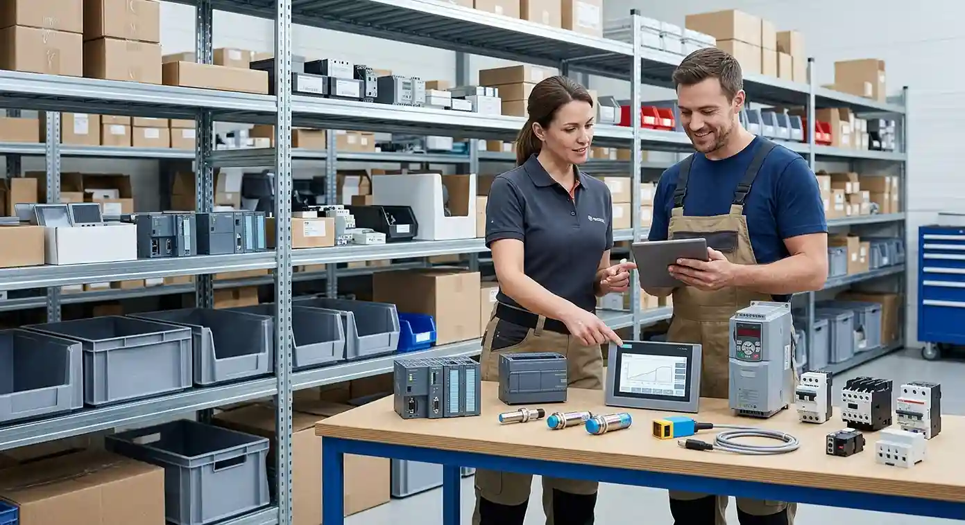 Two warehouse workers inspecting electrical components and checking a digital tablet.